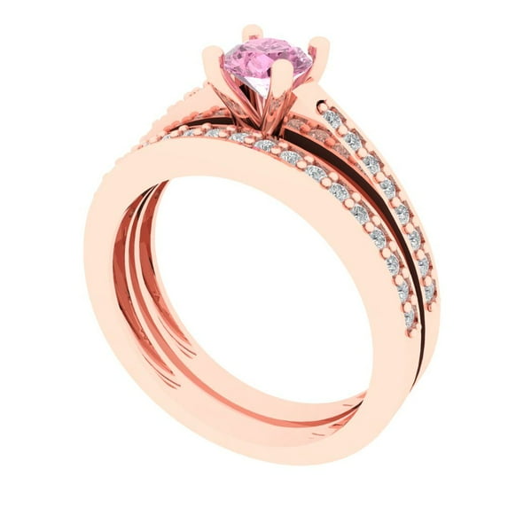 0.85 ct Brilliant Round Cut Pink Zircon 14k Rose Gold Solitaire with Accents Engagement Bridal Wedding Ring Band Set size 4.75