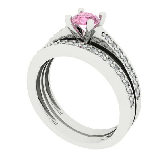 0.85 ct Brilliant Round Cut Pink Zircon 18K White Gold Solitaire with Accents Engagement Bridal Wedding Ring Band Set size 8.75