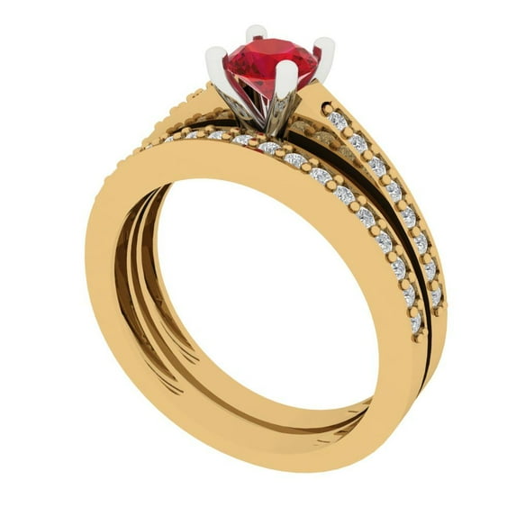 0.85 ct Brilliant Round Cut Ruby 14k Yellow/White Gold Solitaire with Accents Engagement Bridal Wedding Ring Band Set size 9.5
