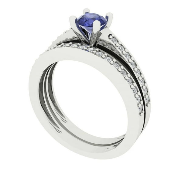 0.85 ct Brilliant Round Cut Tanzanite 14k White Gold Solitaire with Accents Engagement Bridal Wedding Ring Band Set size 5