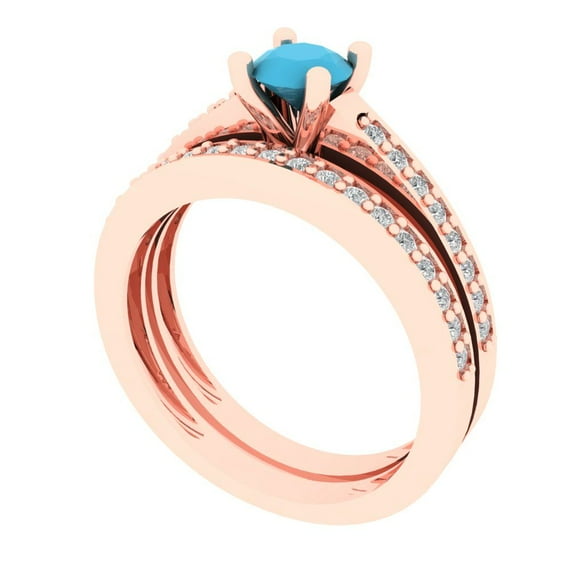 0.85 ct Brilliant Round Cut Turquoise 18K Rose Gold Solitaire with Accents Engagement Bridal Wedding Ring Band Set size 9