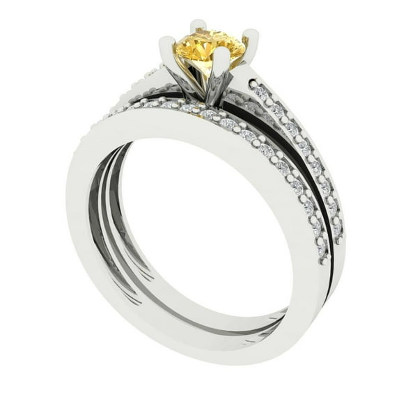 0.85 ct Brilliant Round Cut Yellow Zircon 14k White Gold Solitaire with Accents Engagement Bridal Wedding Ring Band Set size 7.75