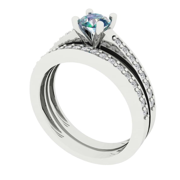 0.85 ct Brilliant Round Cut Blue Moissanite 14k White Gold Solitaire with Accents Engagement Bridal Wedding Ring Band Set size 6.25