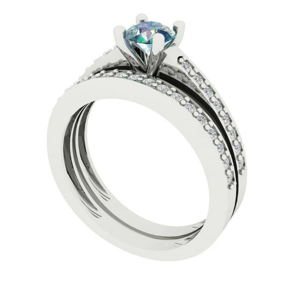 0.85 ct Brilliant Round Cut Blue Moissanite 14k White Gold Solitaire with Accents Engagement Bridal Wedding Ring Band Set size 6