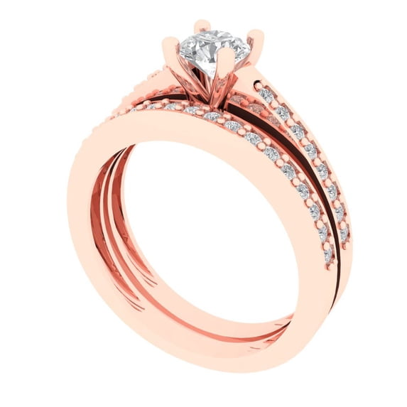 0.85 ct Brilliant Round Cut White Sapphire 14k Rose Gold Solitaire with Accents Engagement Bridal Wedding Ring Band Set size 7