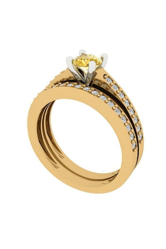 0.85 ct Brilliant Round Cut Yellow Moissanite 14k Yellow/White Gold Solitaire with Accents Engagement Bridal Wedding Ring Band Set size 4