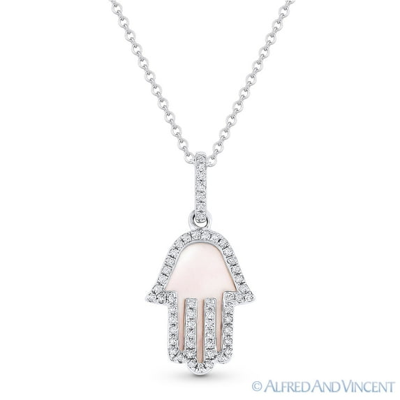0.85 ct Mother-of-Pearl & Diamond Hamsa Hand Evil Eye Charm & Chain in 14k White Gold
