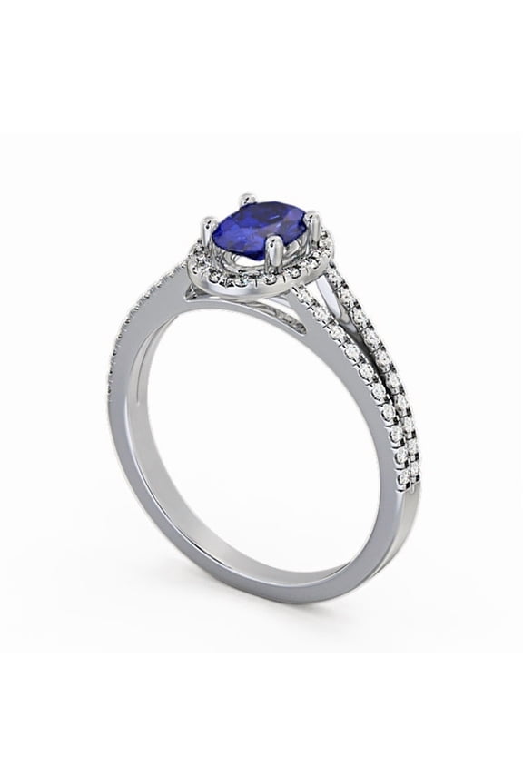 0.86 Ct Oval Cut Blue Sapphire Genuine Diamond Unique Solitaire With Asscents Ring for Women 14K White Gold Size 10