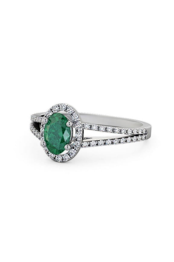 0.86 Ct Oval Cut Emerald Gemstone Real Diamond Sparkle Halo Engagement Ring for Women 14K White Gold Size 11