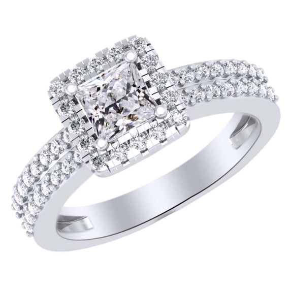 AFFY 0.86 Ct Princess Cut White Natural Diamond Dual Band Engagement Ring in 14k White Gold Ring Size - 13