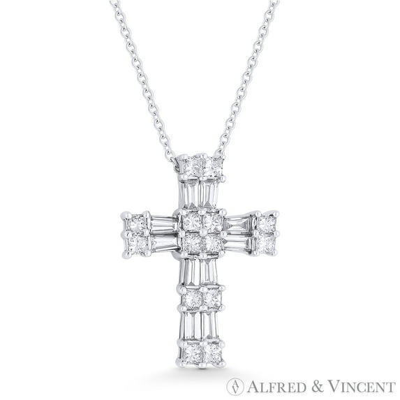 0.86ct Princess & Baguette Cut Diamond Cross in 18k White Gold w/ 14k Chain Necklace