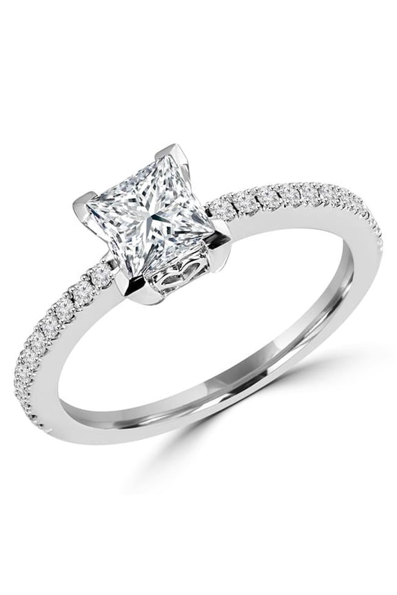 0.87 CTW Princess Diamond Solitaire with Accents Engagement Ring in 14K White Gold - Size 4