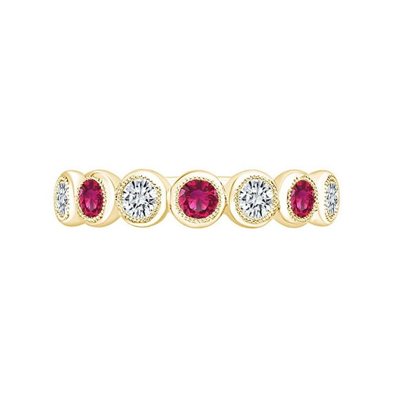 AFFY 0.87 Carat (Cttw) Round Simulated Pink Ruby & Natural Diamond Engagement Band Ring 14K Solid Yellow Gold Ring Size-10