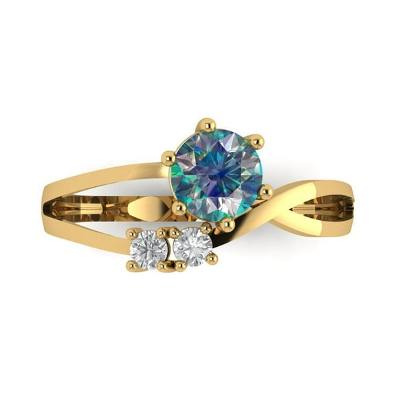 0.87 ct Round Cut Blue Moissanite 3 Stone 14K Yellow Gold Womens Engagement Ring