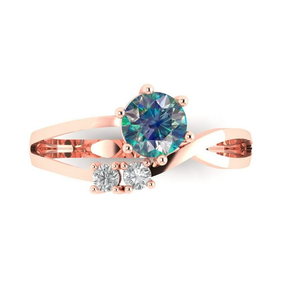 0.87 ct Round Cut Blue Moissanite Three-Stone Engagement Ring for Women in 14K Rose Gold