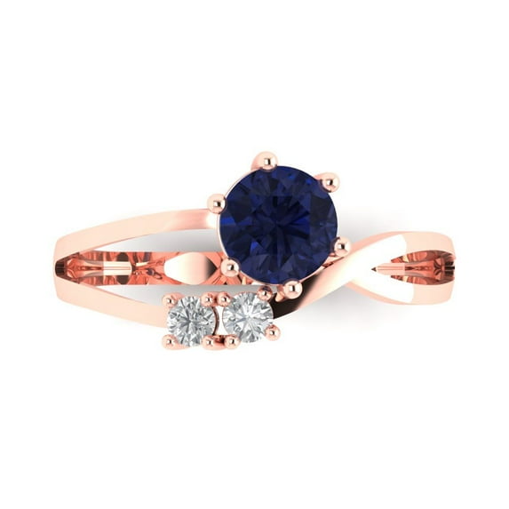 0.87 ct Round Cut Simulated Blue Sapphire Three-Stone Engagement Ring for Women in 18K Rose Gold