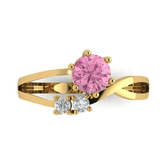 Clara Pucci 14K Yellow Gold Solid Gold Pink Three-Stone Anniversary Ring for Women - 0.87 cttw Round Cut