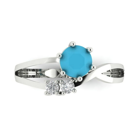 Clara Pucci 14K White Gold Solid Gold Turquoise Three-Stone Anniversary Ring for Women - 0.87 cttw Round Cut