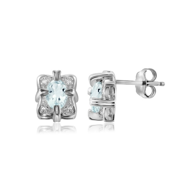 0.88 Carat Aquamarine Gemstone and Accent White Diamond Women's Sterling Silver Earrings