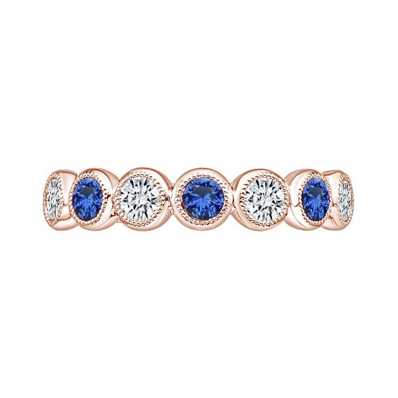 AFFY 0.88 Carat (Cttw) Round Simulated Blue Sapphire & Natural Diamond Engagement Band Ring 14K Solid Rose Gold Ring Size-10