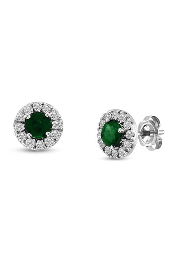 0.88 Ct. Emerald And Diamond Halo Earrings Set In 14K Gold