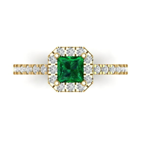 Halo Engagement Ring for Women - 0.89ct Simulated Emerald in 14K Yellow Gold Promise Ring