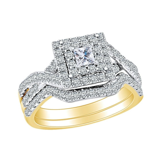 AFFY 0.89 Ctw Round & Princess Natural Diamond Double Halo Bridal Engagement Ring Set 14k Solid Yellow Gold