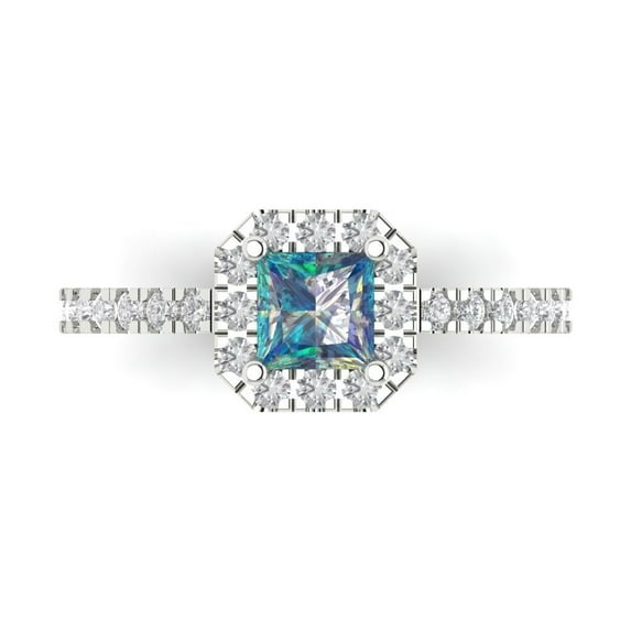 0.89 ct Princess Cut Blue Moissanite Halo Engagement Ring for Women in 18K White Gold
