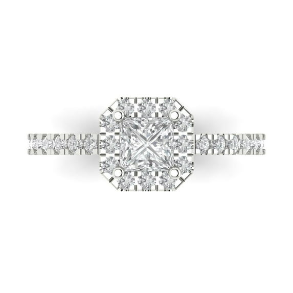 0.89 ct Princess Cut Moissanite with Simulated Diamond Halo Accents 14K White Gold Womens Engagement Ring