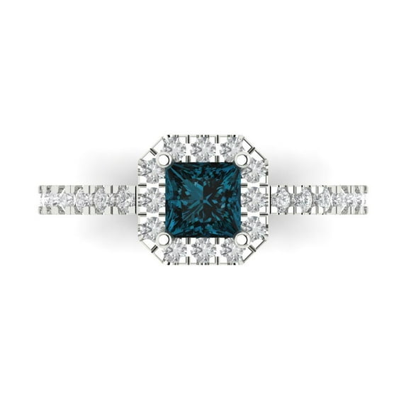 0.89 ct Princess Cut Natural London Blue Topaz Halo Engagement Ring for Women in 18K White Gold