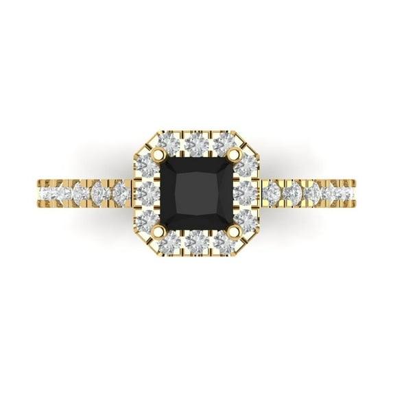 0.89 ct Princess Cut Natural Onyx Halo Engagement Ring for Women in 18K Yellow Gold