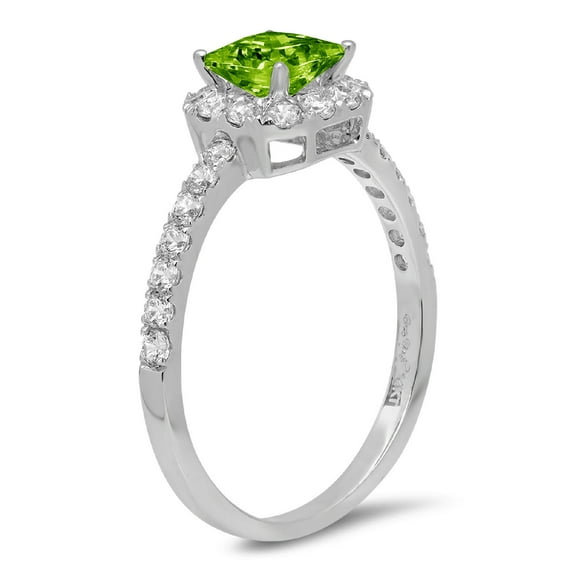 0.89 ct Princess Cut Natural Peridot Halo Engagement Ring for Women in 18K White Gold