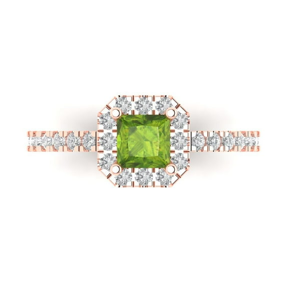 Clara Pucci 14K Rose Gold Solid Gold Peridot Halo Anniversary Ring for Women - 0.89 cttw Princess Cut