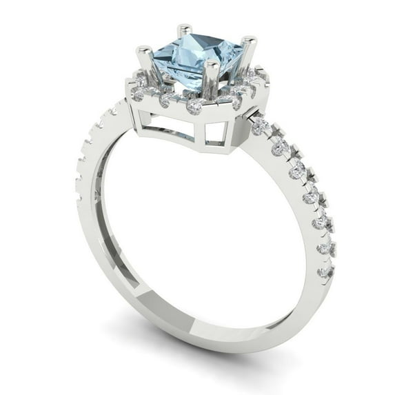 0.89 ct Princess Cut Natural Sky Blue Topaz Halo Engagement Ring for Women in 18K White Gold