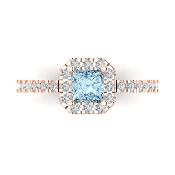 0.89 ct Princess Cut Natural Swiss Blue Topaz with Simulated Diamond Halo Accents 14K Rose Gold Womens Engagement Ring