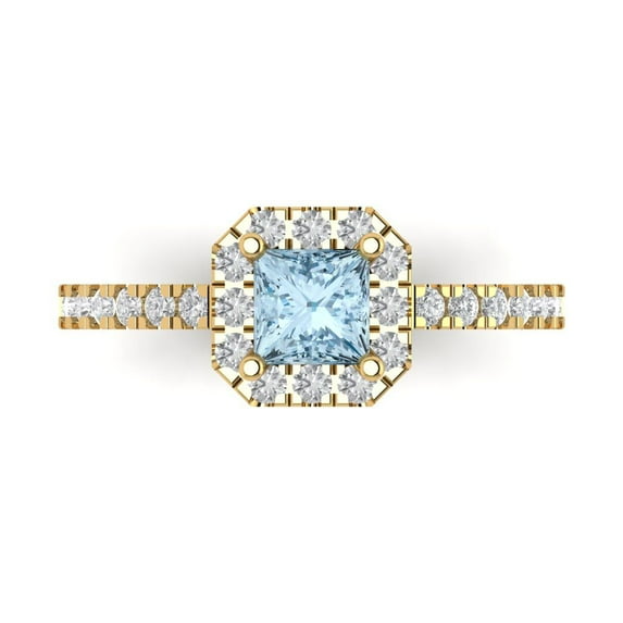 0.89 ctw with Simulated Diamond Halo Accents Anniversary Ring for Women | Princess Cut Simulated Blue Diamond | Hyperallergenic Solid 18K Yellow Gold