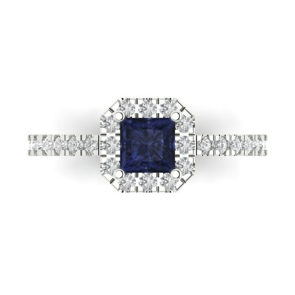 0.89 ctw with Simulated Diamond Halo Accents Anniversary Ring for Women | Princess Cut Simulated Blue Sapphire | Hyperallergenic Solid 14K White Gold