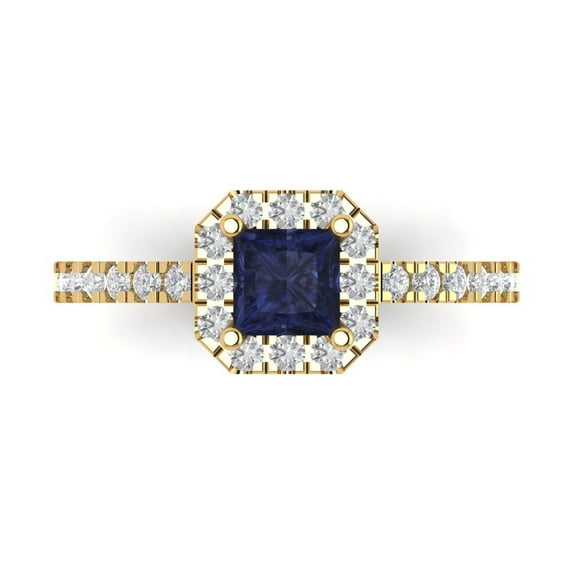 0.89 ctw with Simulated Diamond Halo Accents Anniversary Ring for Women | Princess Cut Simulated Blue Sapphire | Hyperallergenic Solid 14K Yellow Gold