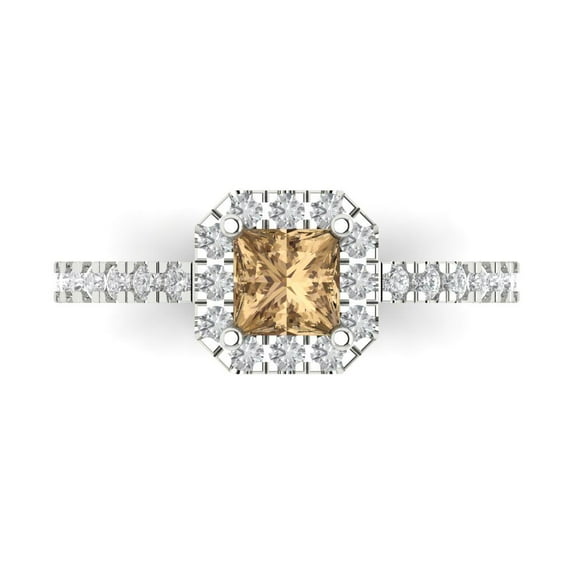 0.89 ct Princess Cut Simulated Champagne Diamond Halo Engagement Ring for Women in 18K White Gold