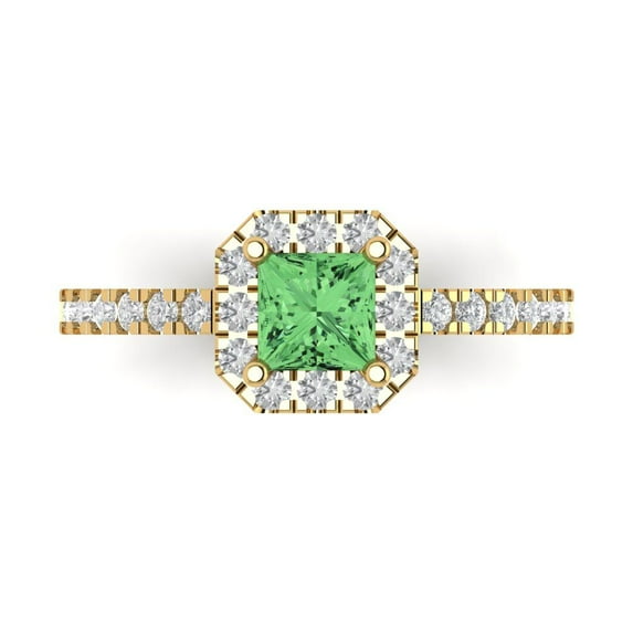 Clara Pucci 14K Yellow Gold Solid Gold Green Halo Anniversary Ring for Women - 0.89 cttw Princess Cut