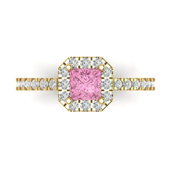 Clara Pucci 14K Yellow Gold Solid Gold Pink Halo Anniversary Ring for Women - 0.89 cttw Princess Cut
