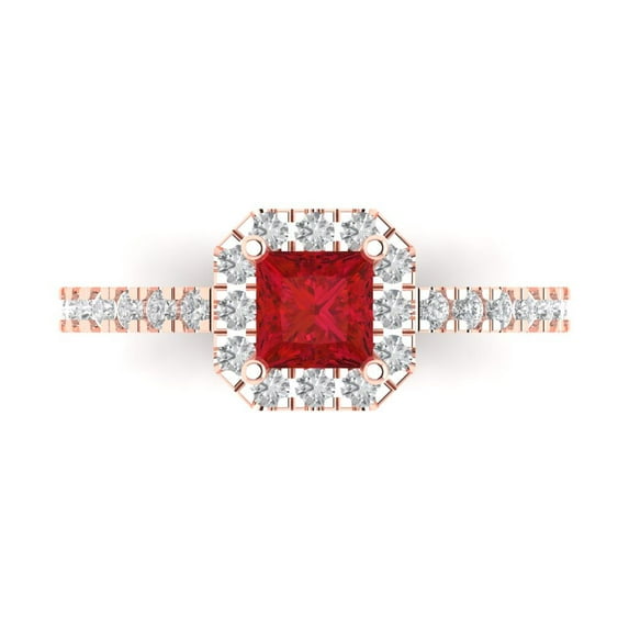 0.89 ctw with Simulated Diamond Halo Accents Anniversary Ring for Women | Princess Cut Simulated Pink Tourmaline | Hyperallergenic Solid 18K Rose Gold