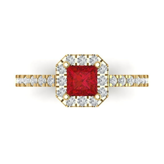 0.89 ct Princess Cut Simulated Ruby with Simulated Diamond Halo Accents 14K Yellow Gold Womens Engagement Ring