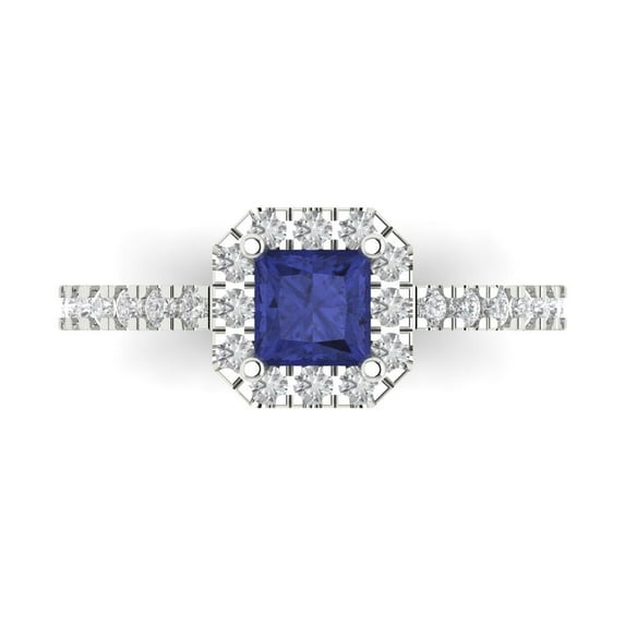 0.89 ct Princess Cut Simulated Tanzanite Halo Engagement Ring for Women in 18K White Gold