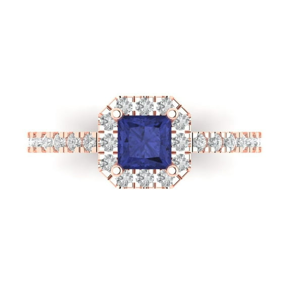 0.89 ctw with Simulated Diamond Halo Accents Anniversary Ring for Women | Princess Cut Simulated Tanzanite | Hyperallergenic Solid 18K Rose Gold