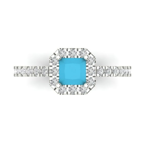 Clara Pucci 14K White Gold Solid Gold Turquoise Halo Anniversary Ring for Women - 0.89 cttw Princess Cut