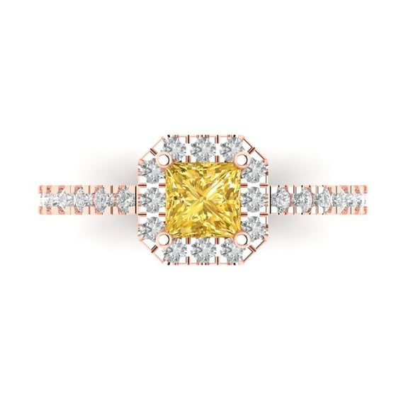 0.89 ctw with Simulated Diamond Halo Accents Anniversary Ring for Women | Princess Cut Simulated Yellow Diamond | Hyperallergenic Solid 18K Rose Gold