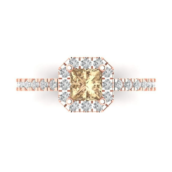 0.89 ct Princess Cut Yellow Moissanite with Simulated Diamond Halo Accents 14K Rose Gold Womens Engagement Ring
