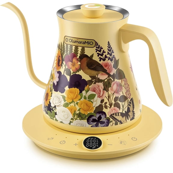 0.8L/27oz Gooseneck Electric Kettle - 1 Precise Temperature Control for Pour Over Coffee & Tea, 1200W Fast Heating, Auto Shut-Off, Built-in Brew Timer, BPA-Free Stainless Steel, Floral