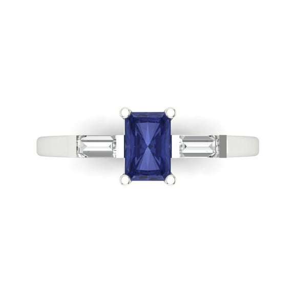 0.8 ct Emerald Cut Simulated Tanzanite Three-Stone Engagement Ring for Women in 14K White Gold